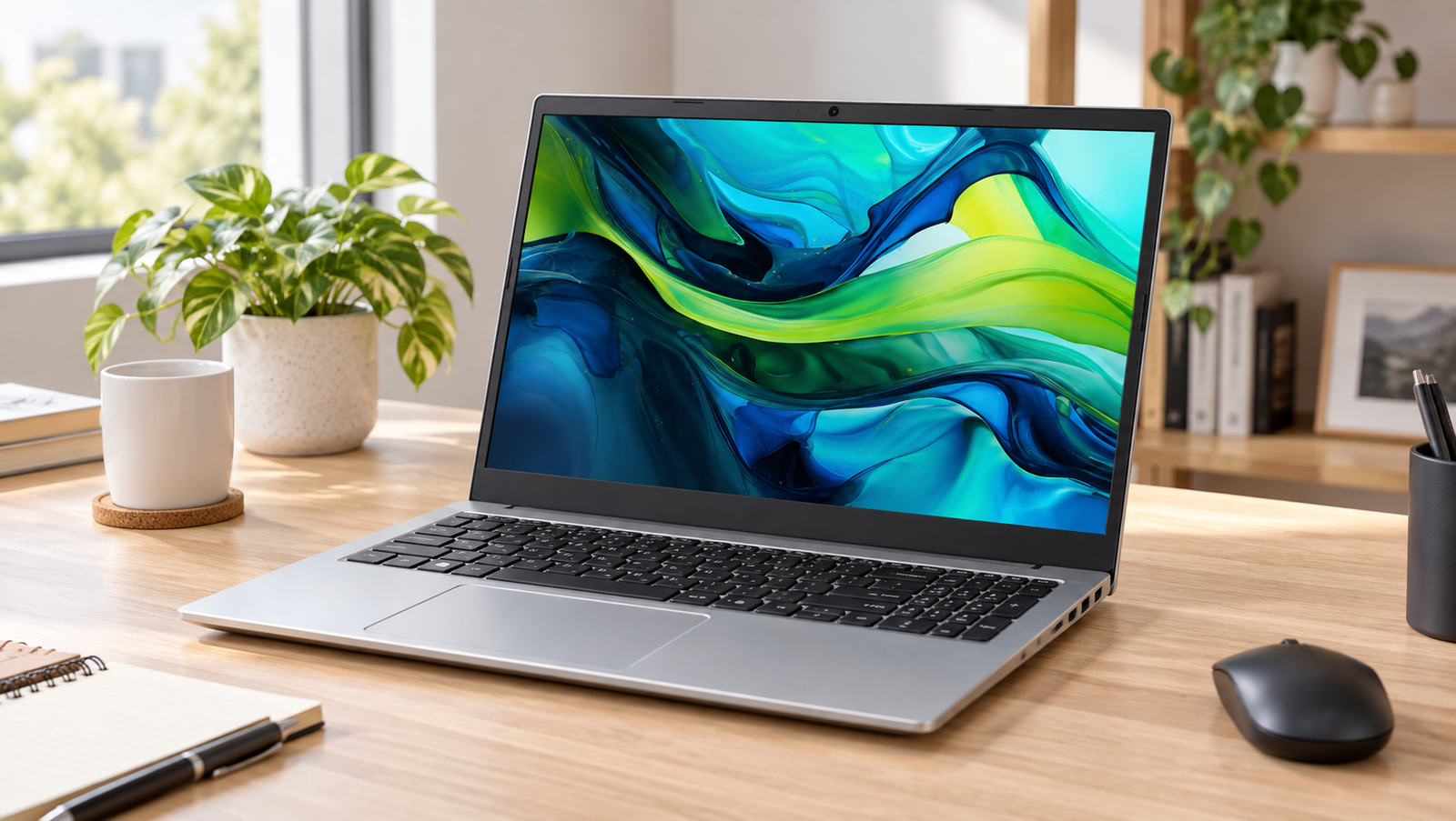 Silver 15-inch laptop on a bright home-office desk