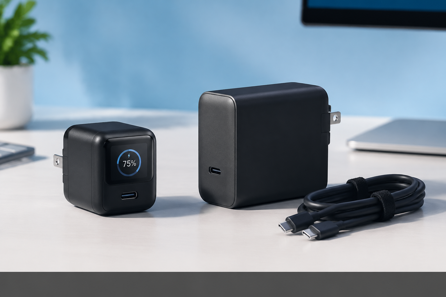 Photo-style comparison of compact 45W smart display charger and larger 100W laptop charger with cable