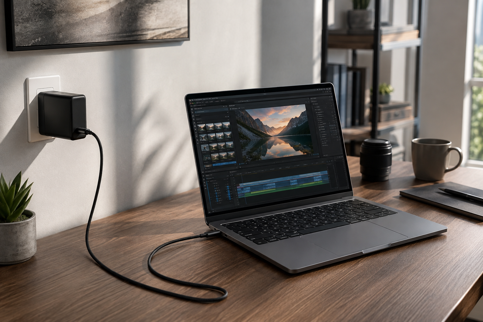 100W USB-C charger powering a large laptop at a home office desk