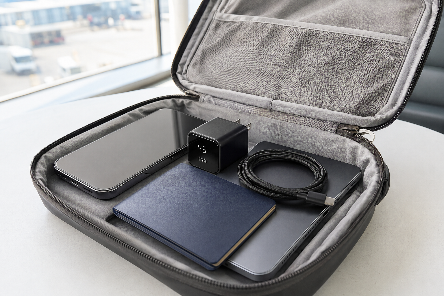 Compact 45W smart display charger packed with mobile travel devices