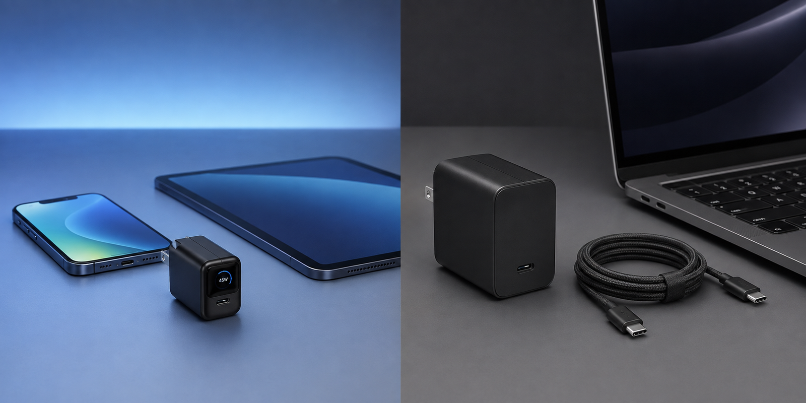 45W charger with phone and tablet compared with 100W charger beside a laptop