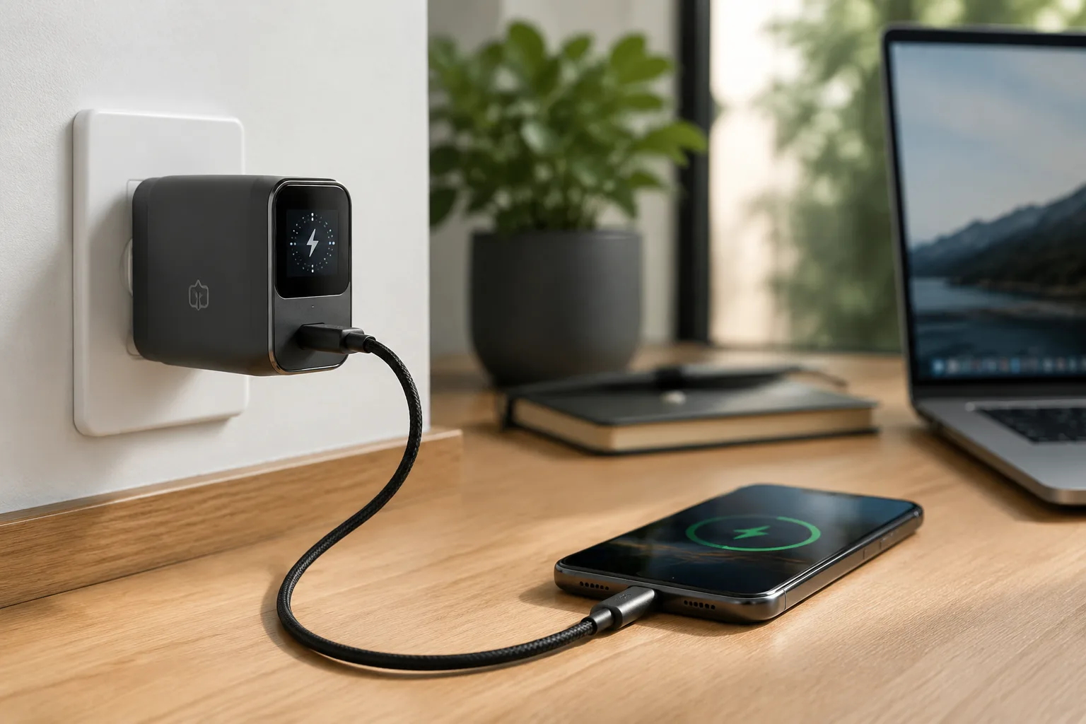 Compact smart display USB-C charger powering a smartphone on a desk