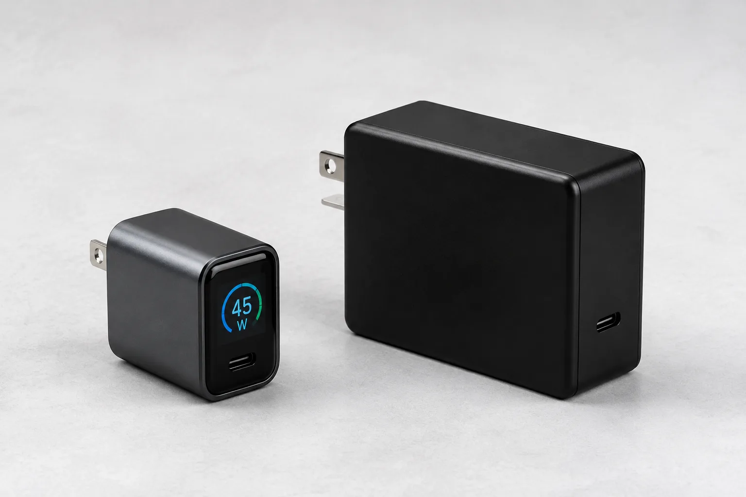 Compact 45W smart display charger beside a larger 100W charger