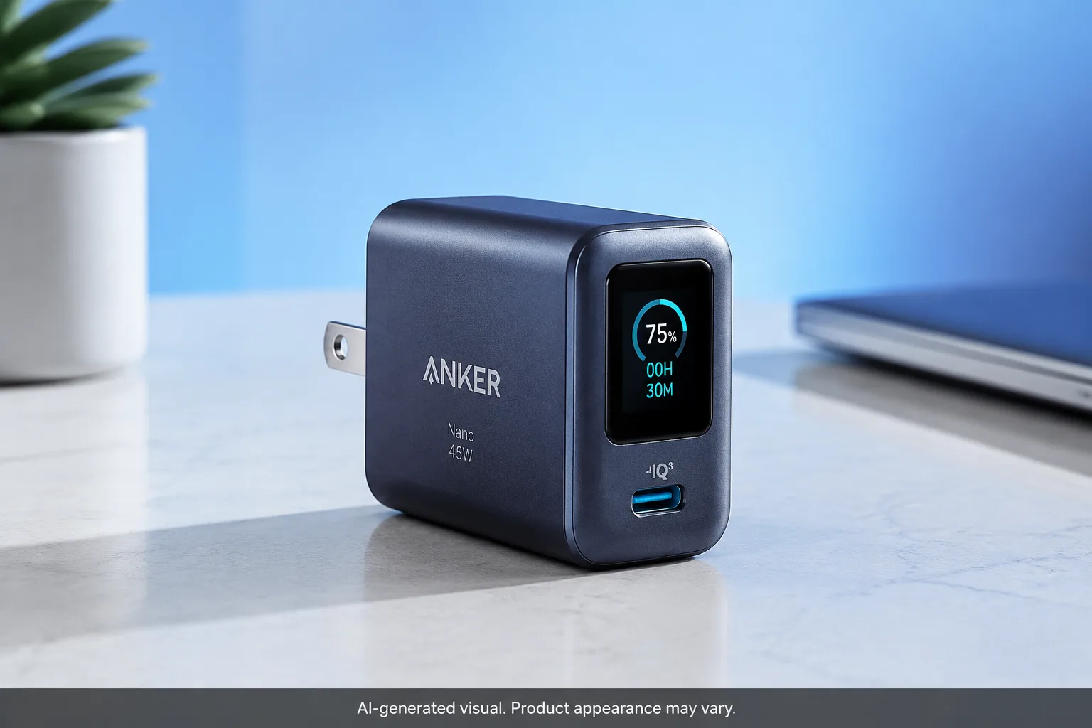 AI-generated visual of a compact 45W smart display USB-C charger