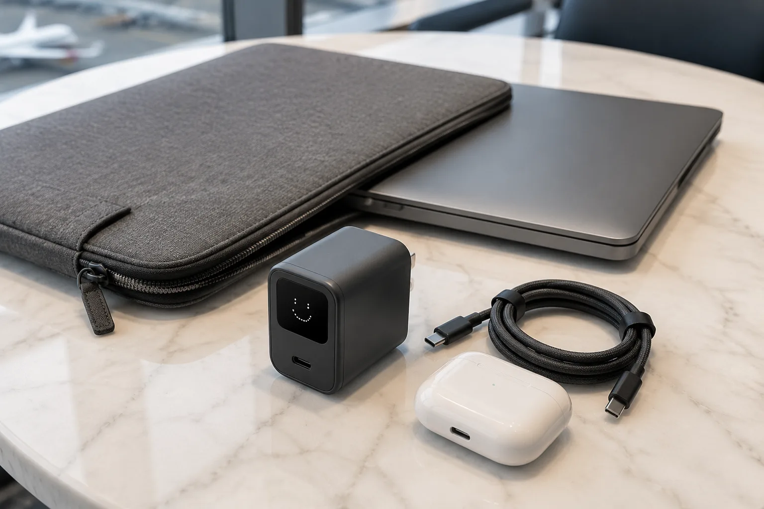 Compact smart display USB-C charger arranged with travel technology