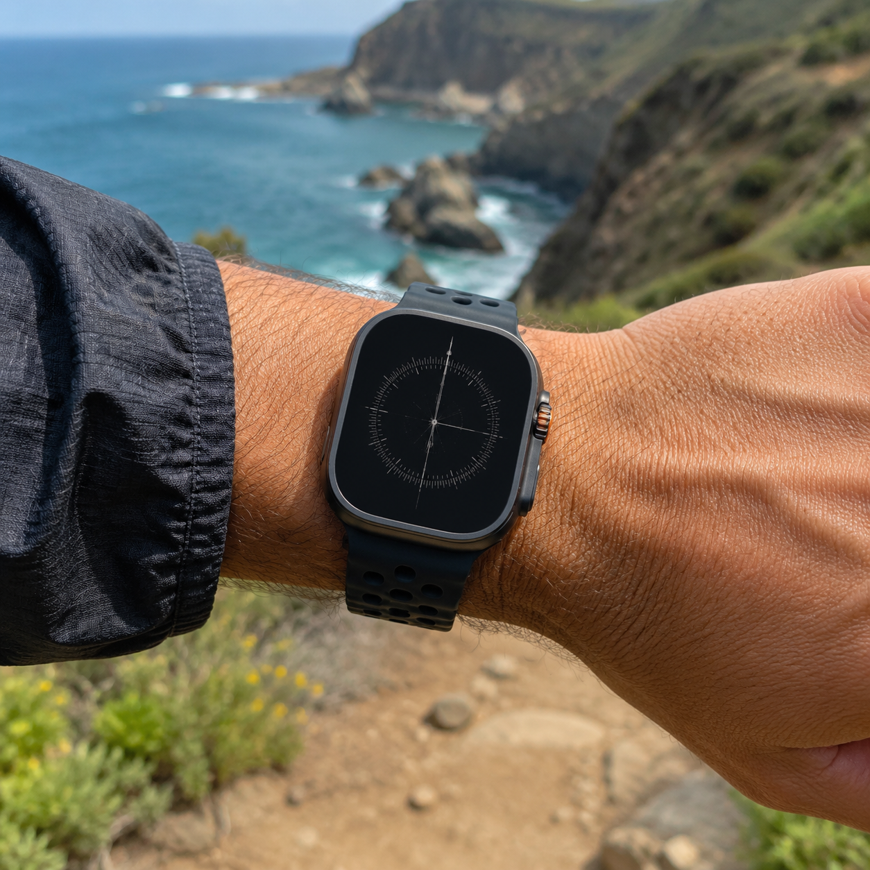 Illustrative rugged smartwatch worn during a coastal hike
