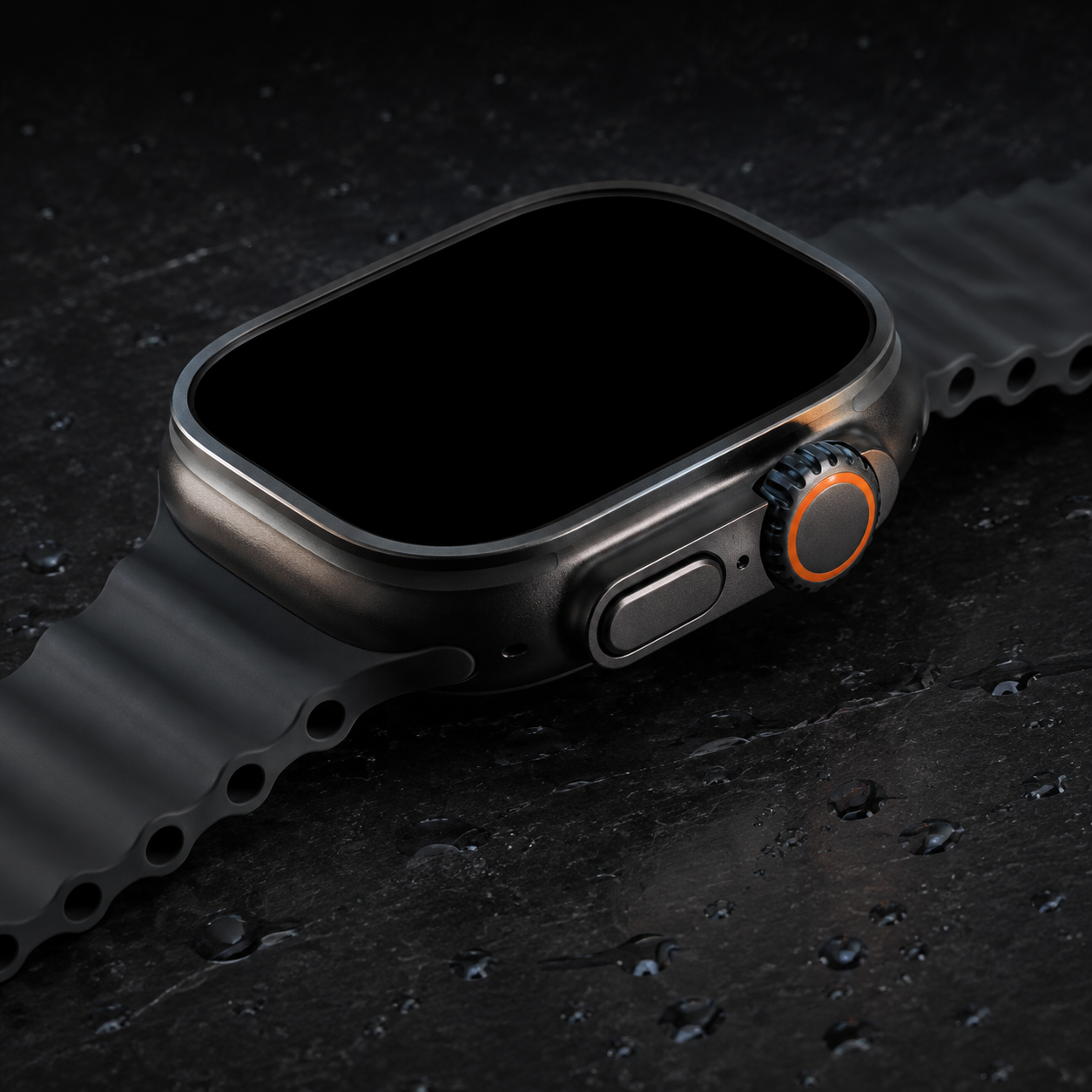 Close-up illustration of a black titanium smartwatch case and crown