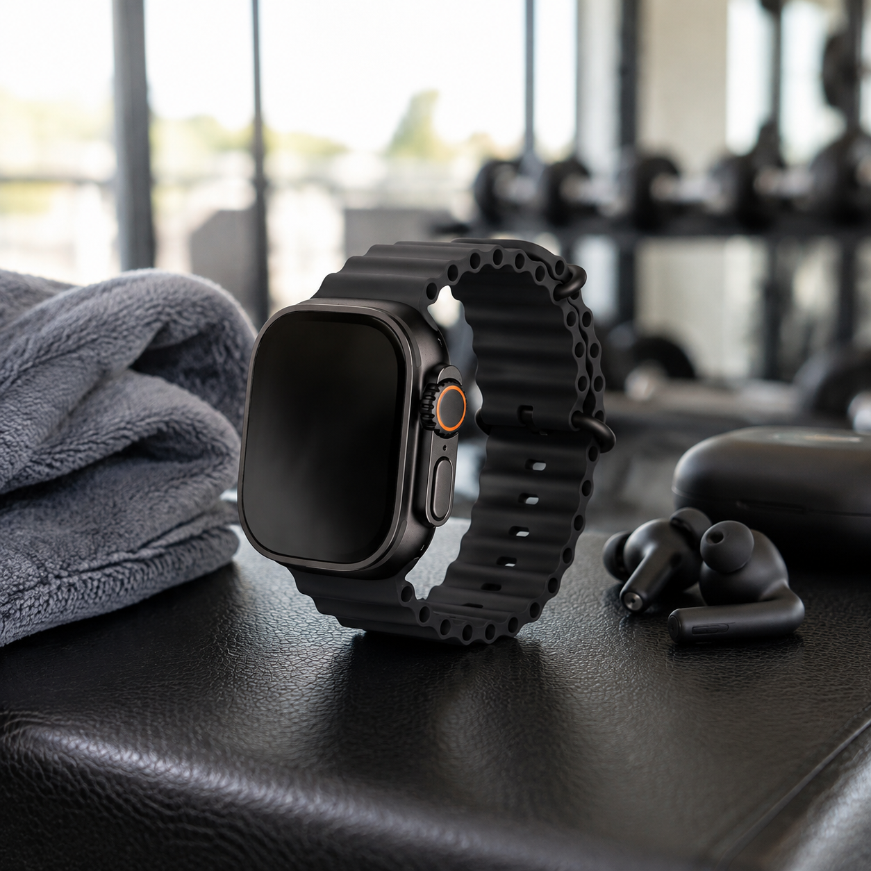 Illustrative black rugged smartwatch beside fitness accessories