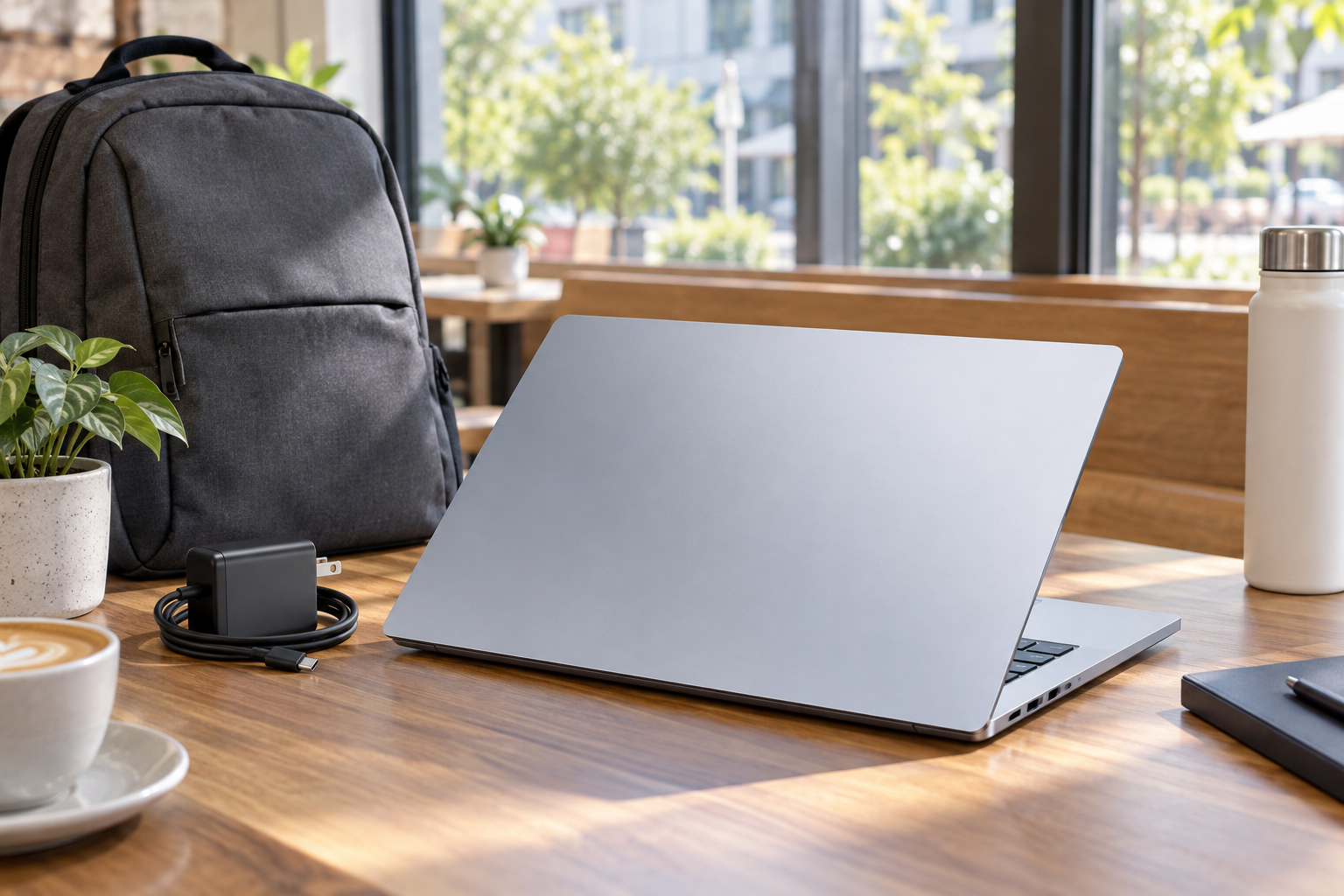 Silver laptop with backpack and charger in a cafe