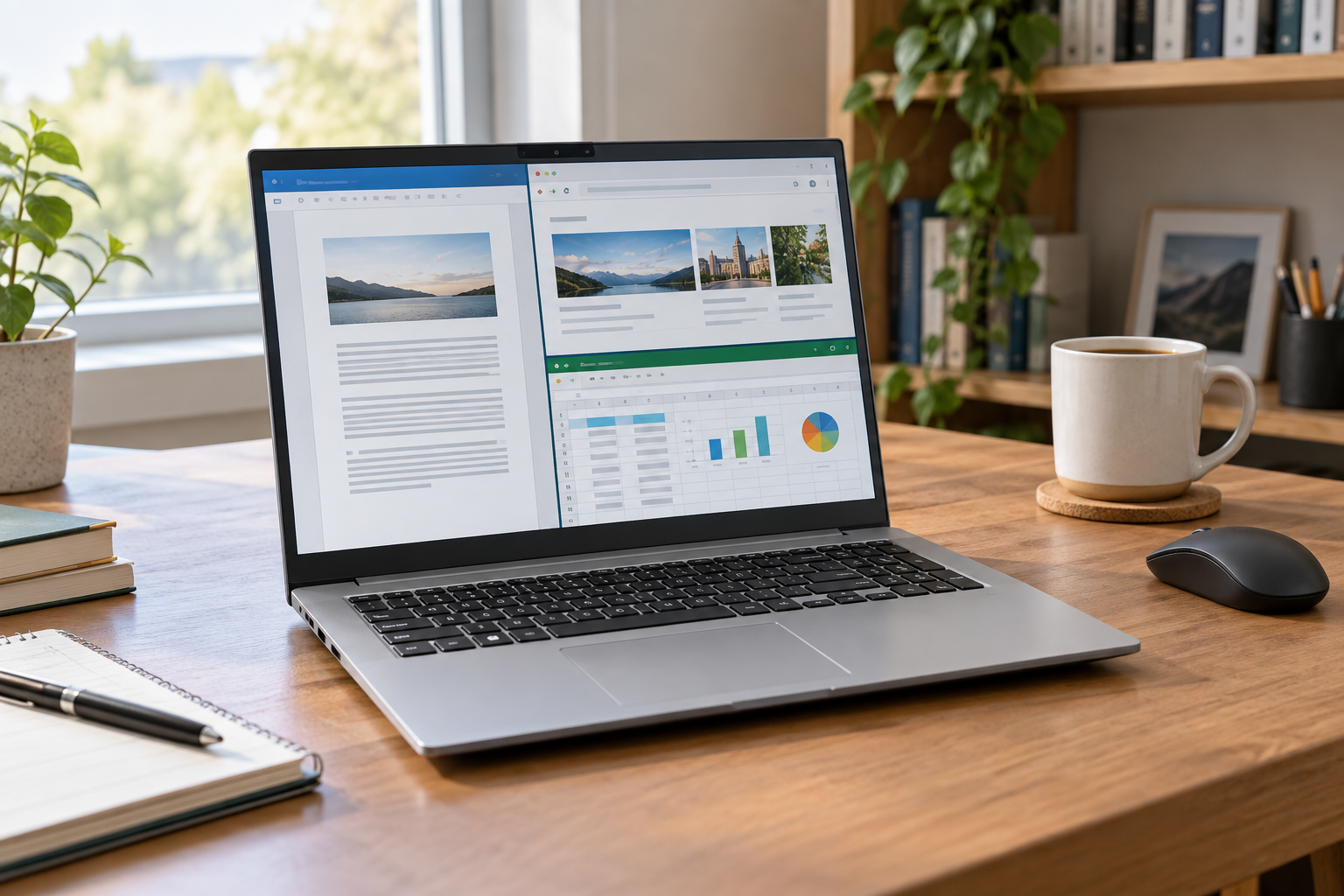 Silver laptop displaying productivity applications