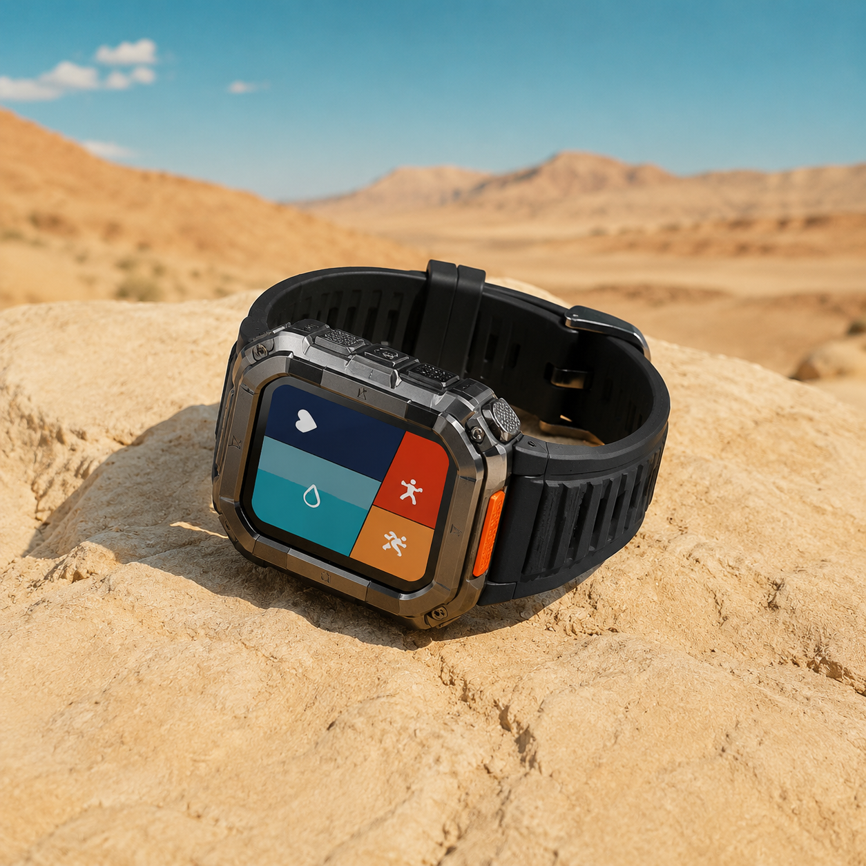 Illustrative rugged military-style smartwatch on sunlit desert sandstone