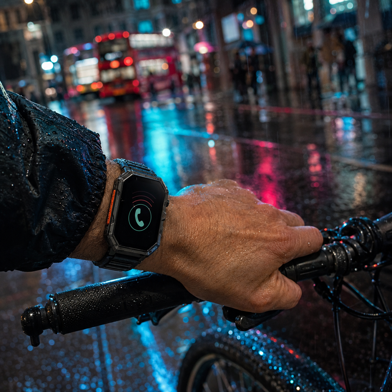 Illustrative rugged smartwatch worn during a rainy city bicycle commute