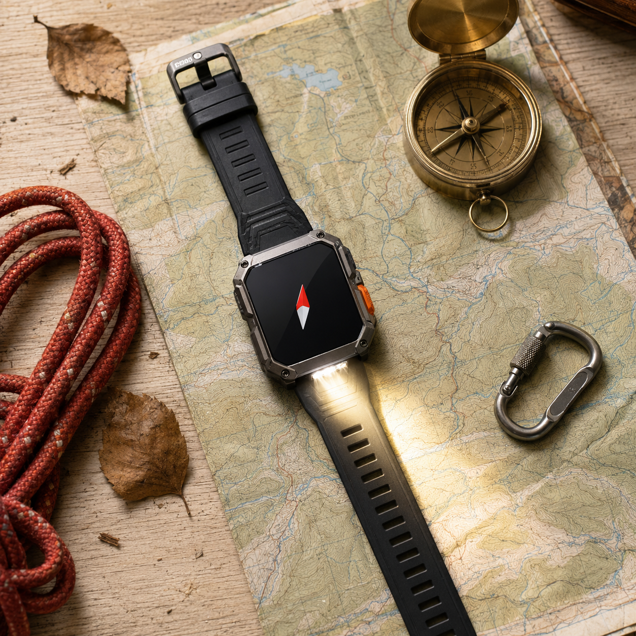 Illustrative rugged smartwatch with compass and flashlight arranged on a camping map