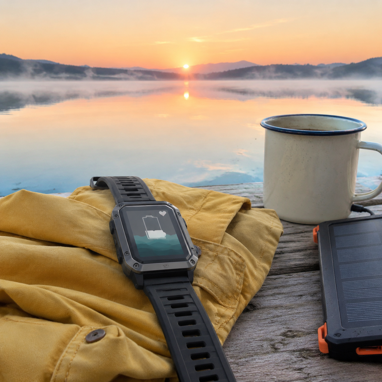 Illustrative rugged smartwatch beside a solar charger at a lakeside sunrise campsite