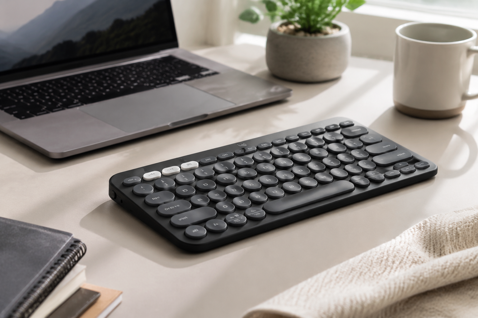Compact graphite round-key wireless keyboard on a bright modern desk