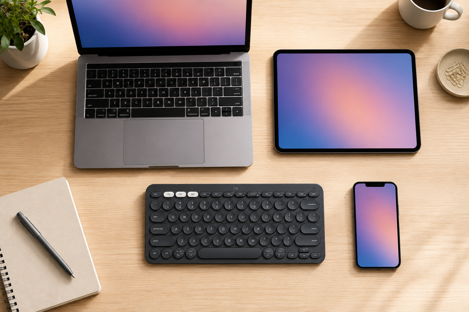 Compact wireless keyboard arranged with a laptop, tablet, and smartphone