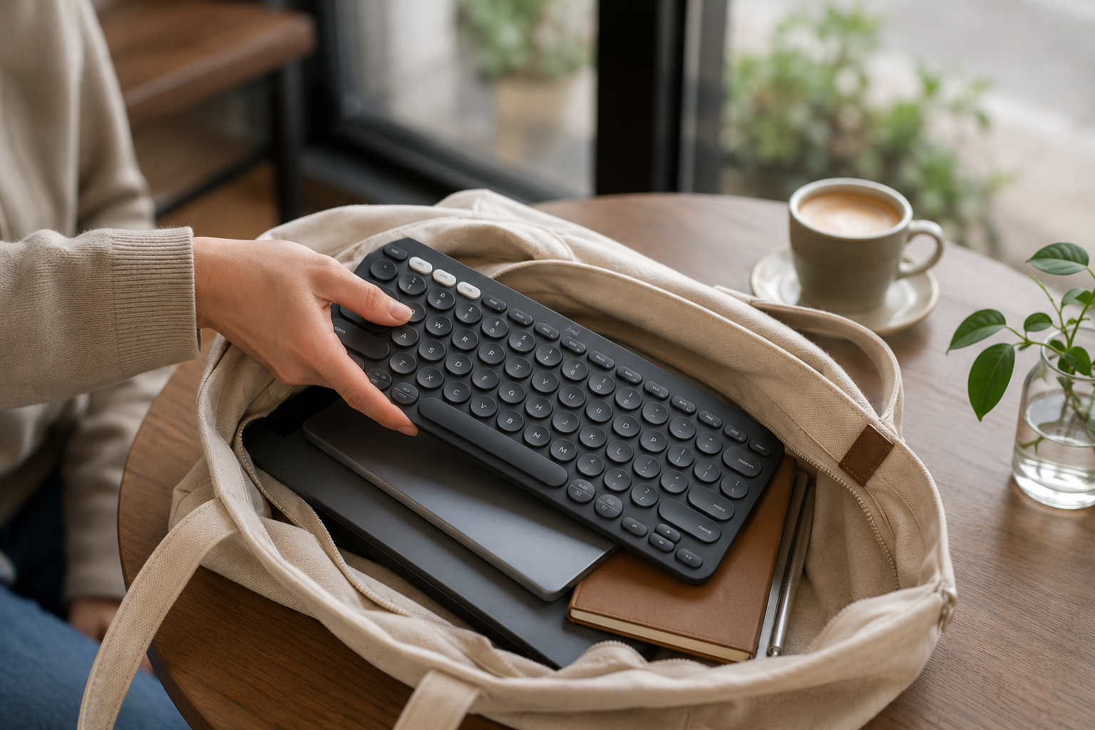 Slim compact graphite keyboard being packed into a canvas commuter bag