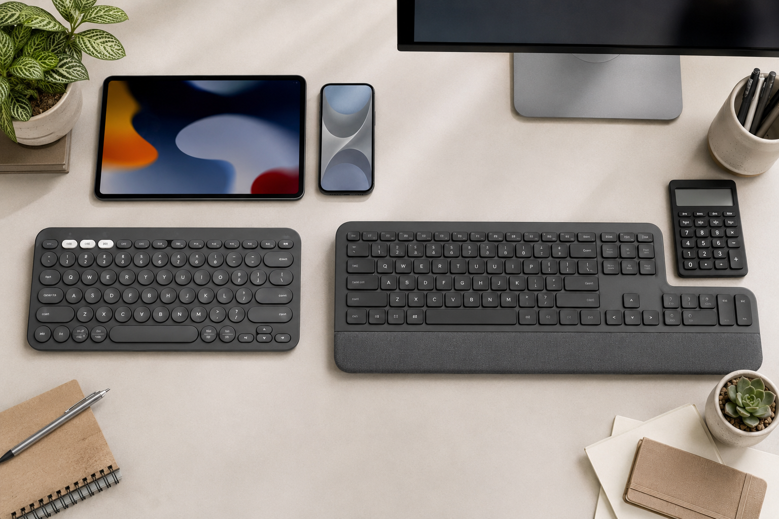 Compact multi-device keyboard and full-size office keyboard shown with matching work setups