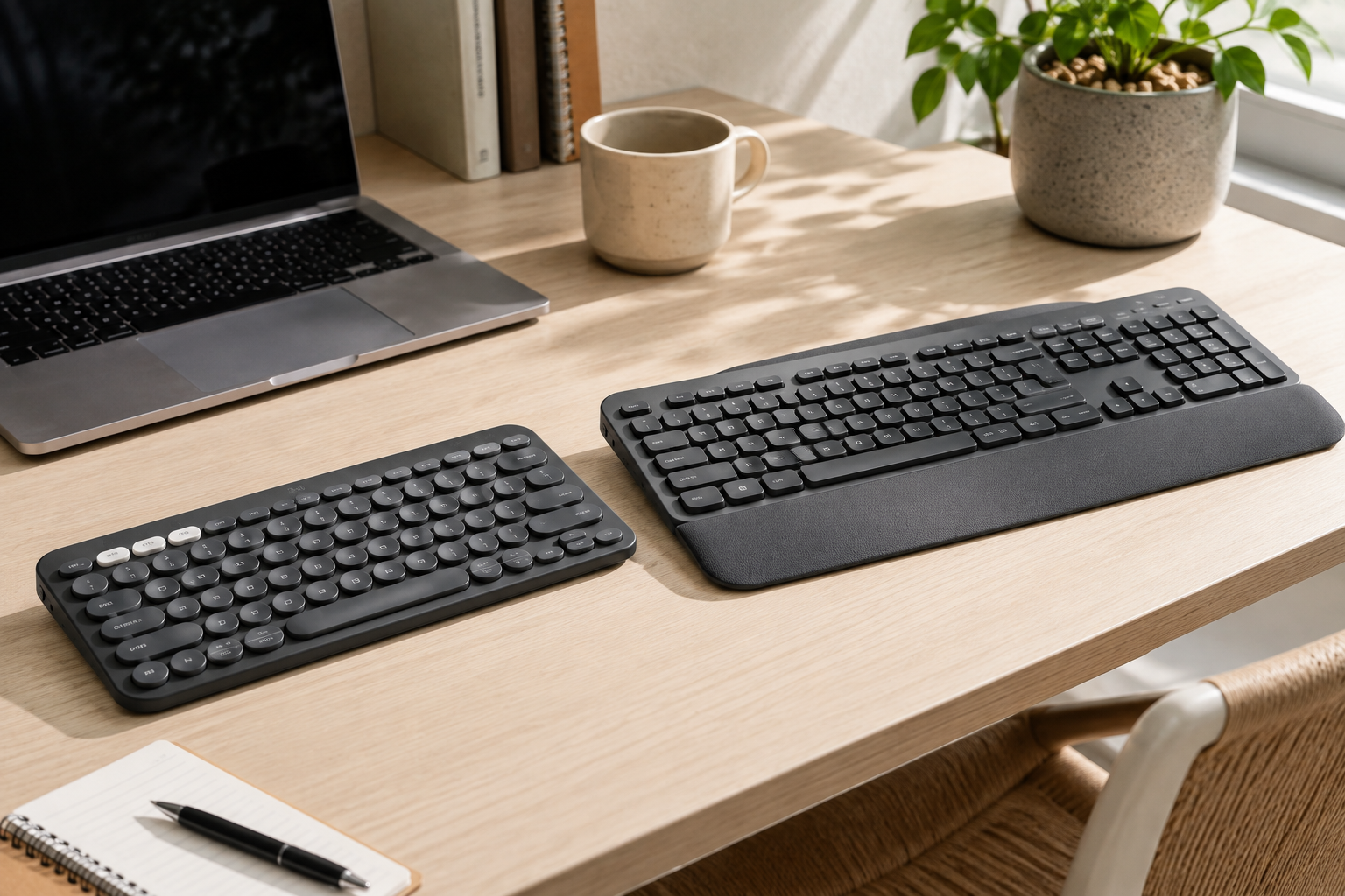 Compact round-key keyboard beside a larger full-size keyboard with palm rest