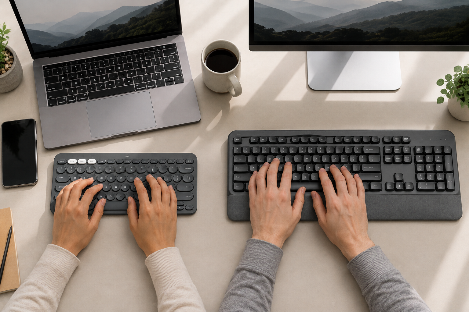 People typing on compact and full-size wireless keyboard layouts