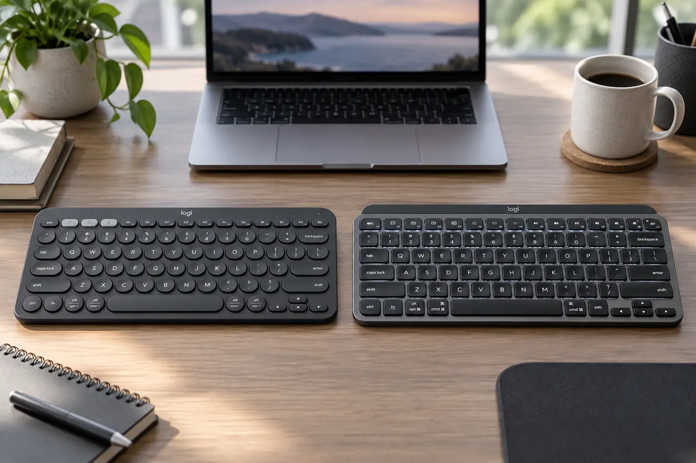 Round-key K380s style keyboard beside square-key MX Keys Mini style keyboard