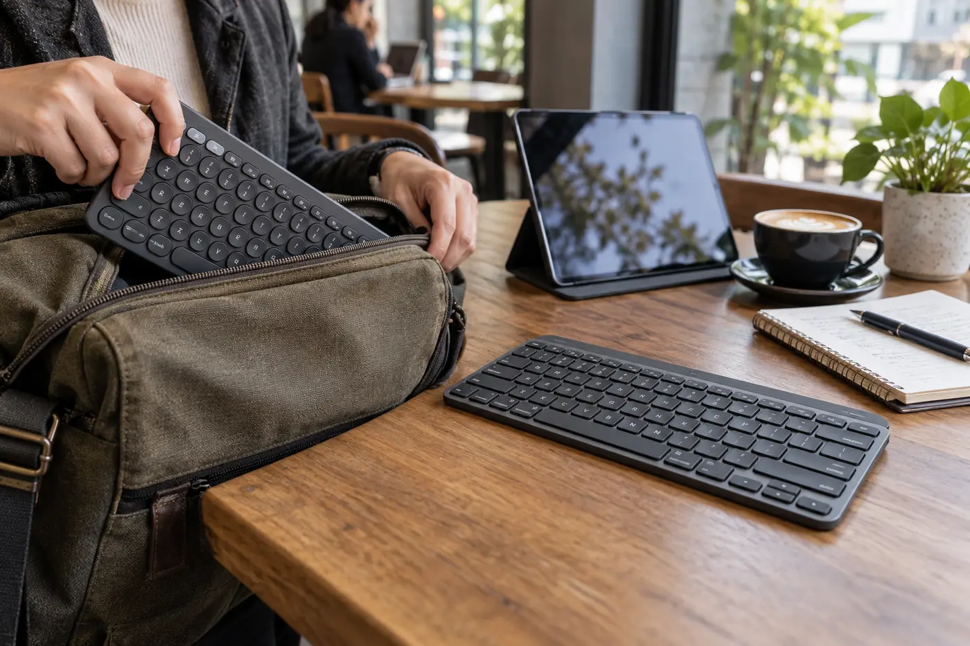 Compact round-key keyboard being packed beside a premium compact keyboard