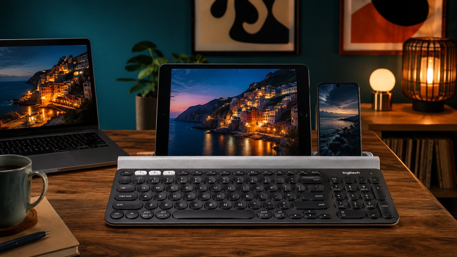 Logitech K780 style keyboard with laptop tablet and phone in an evening media workspace