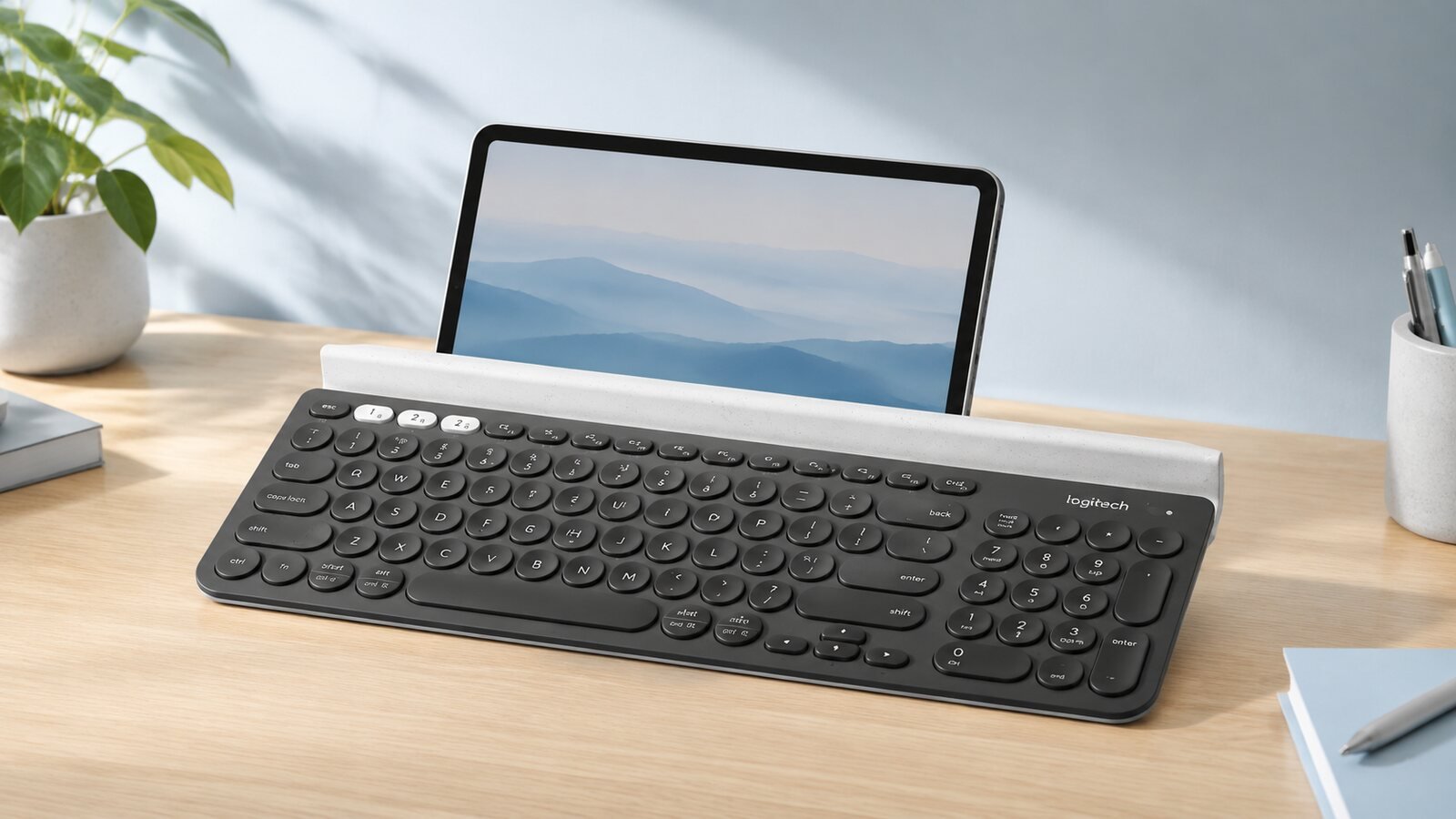 Logitech K780 multi-device keyboard with tablet on a bright desk