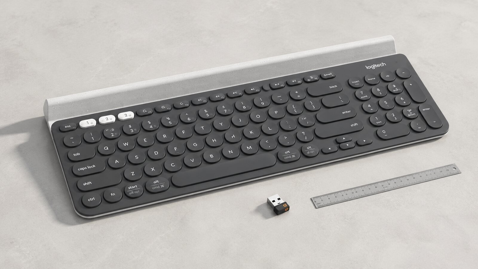Full Logitech K780 style keyboard from a high side angle