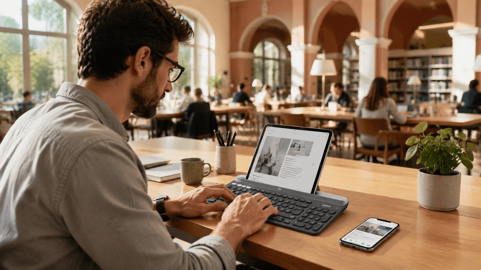 Person typing on a Logitech K780 style keyboard in a bright library