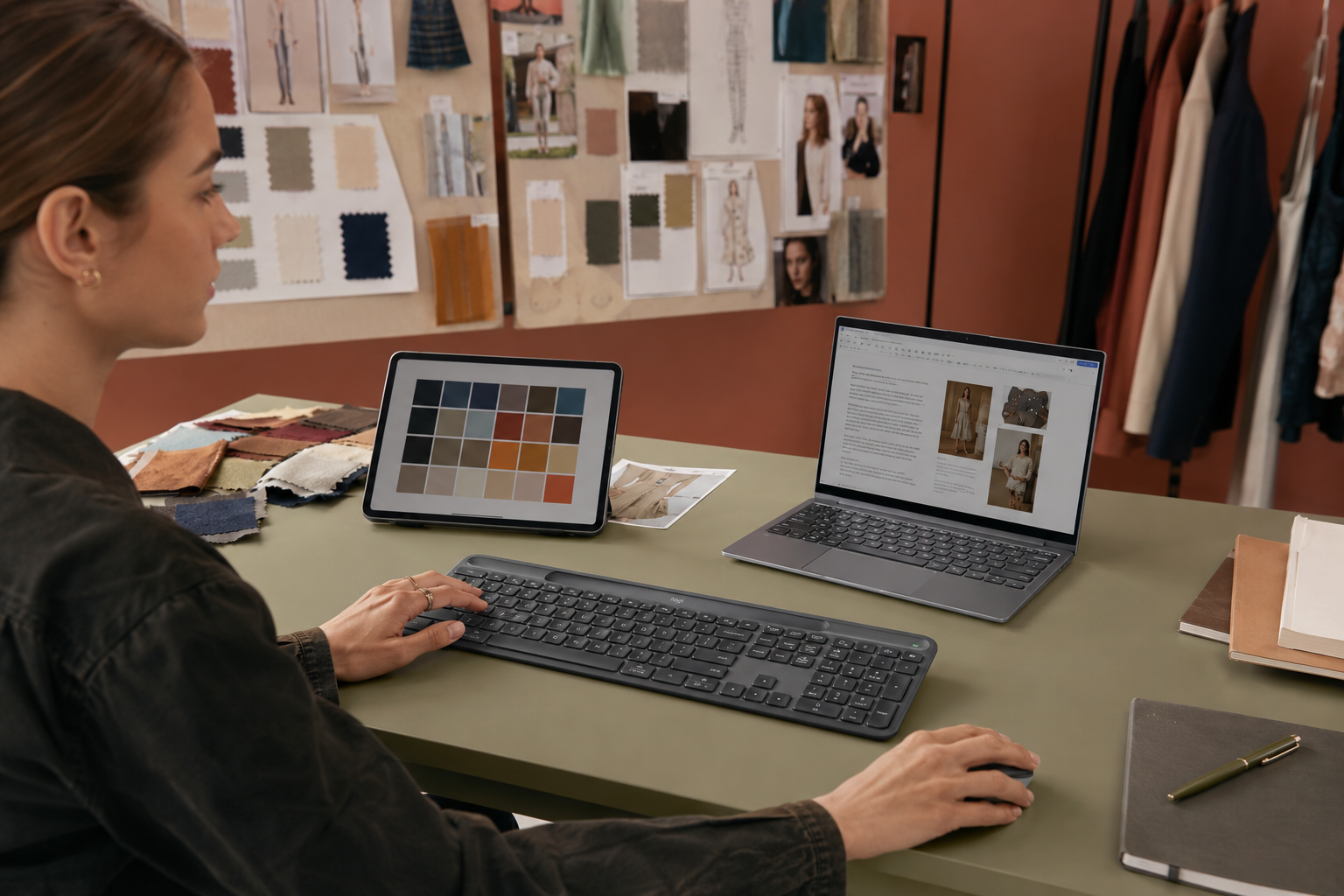 Designer using a graphite wireless keyboard with a laptop and tablet in a creative studio