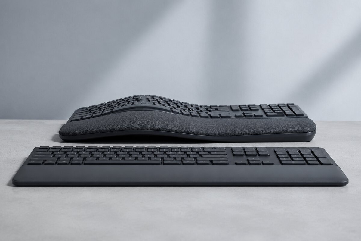 Low side angle showing the profile and palm support of two wireless keyboards