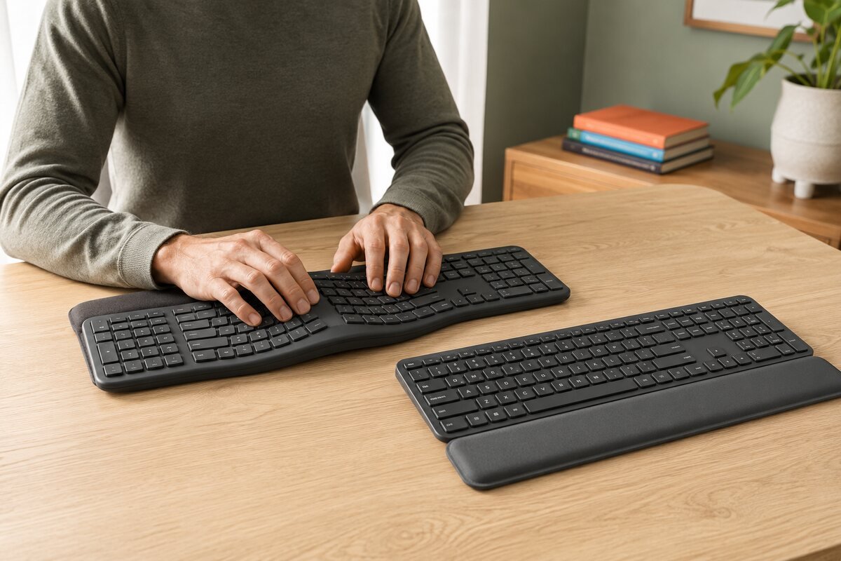 Person typing on a wave-shaped ergonomic keyboard with a straight keyboard nearby for comparison