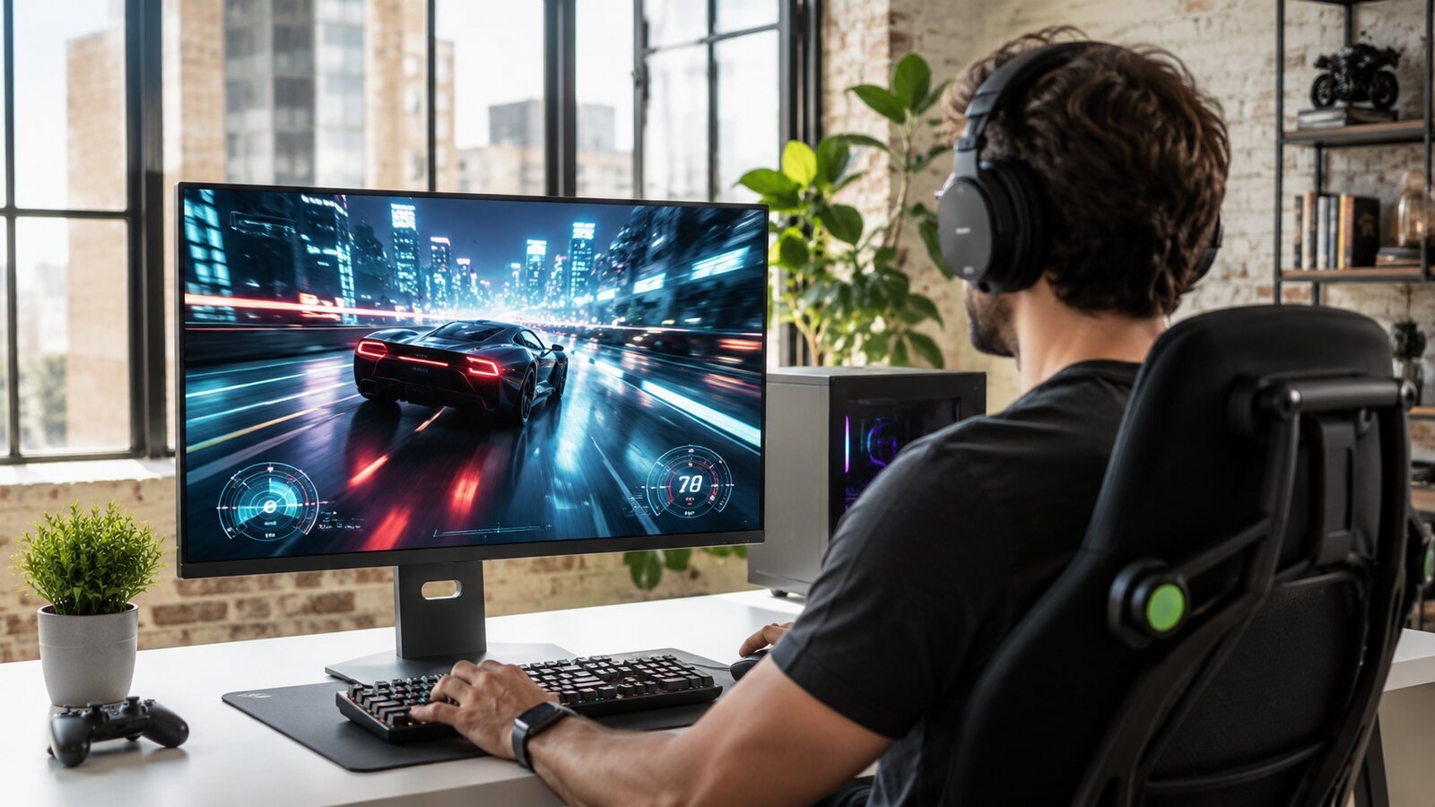 Gamer using a high refresh rate OLED monitor in a bright loft