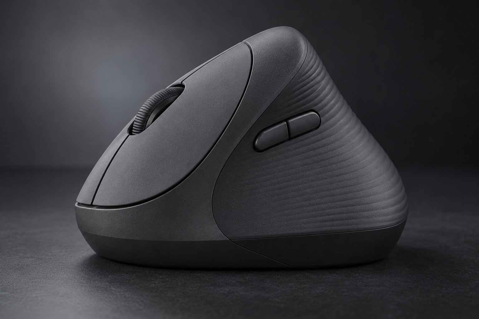 Close view of a graphite vertical mouse with scroll wheel and thumb buttons