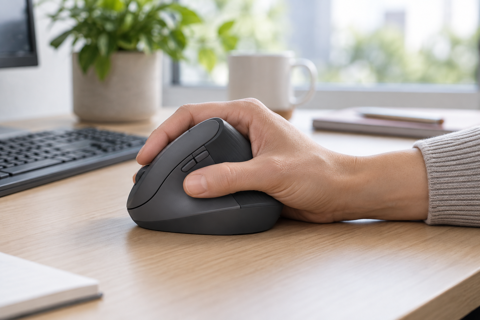 Right hand resting naturally on a graphite vertical ergonomic mouse