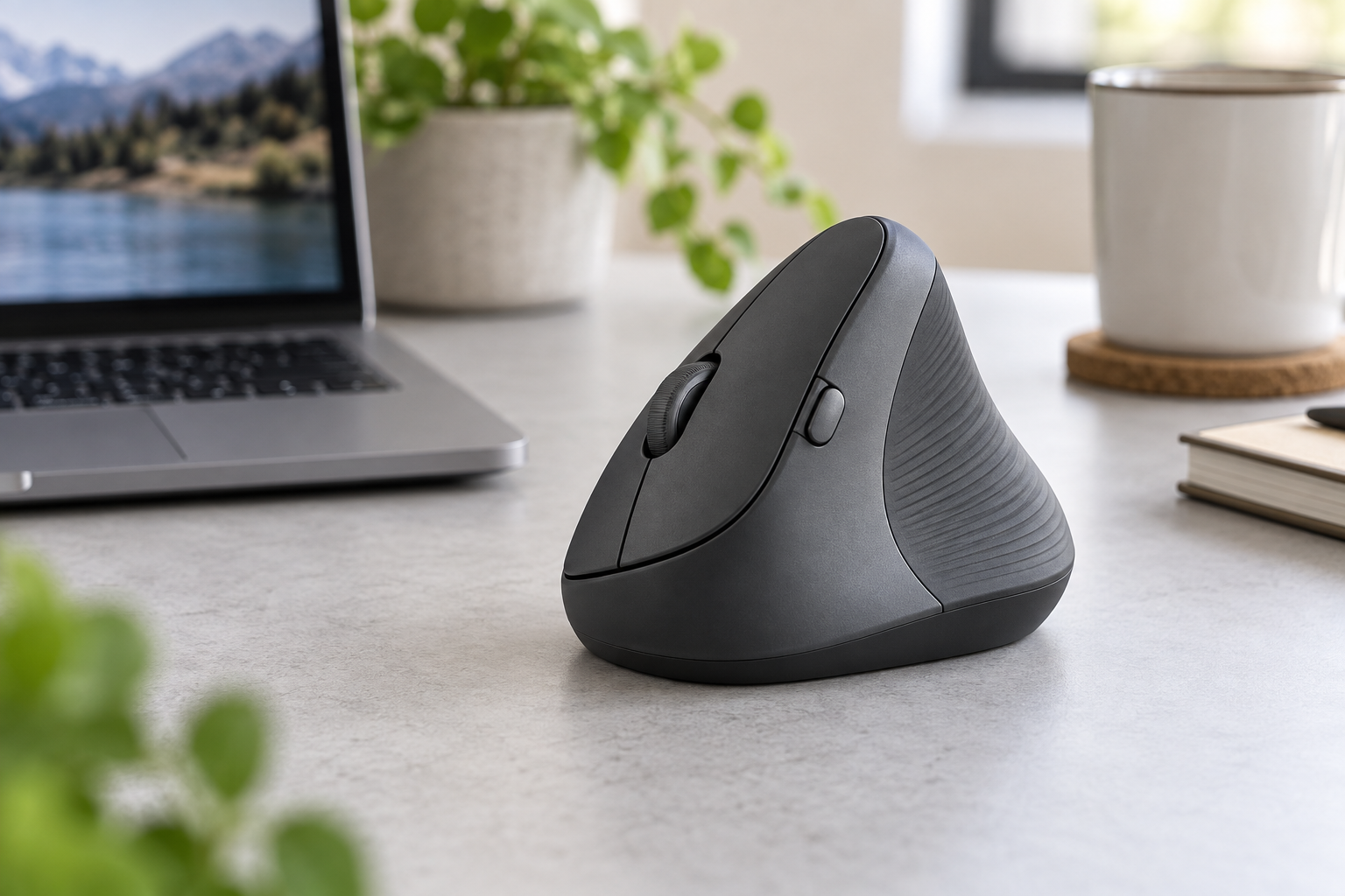 Graphite vertical ergonomic wireless mouse on a modern office desk