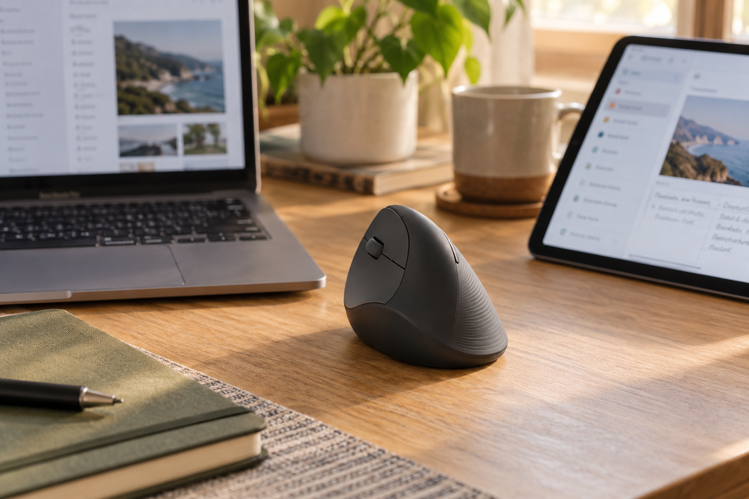 Graphite vertical wireless mouse between a laptop and tablet on a warm office desk