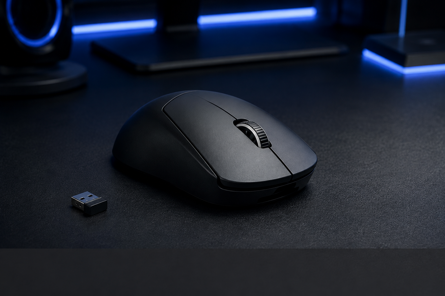Photo-style black ultra-light wireless gaming mouse with USB receiver