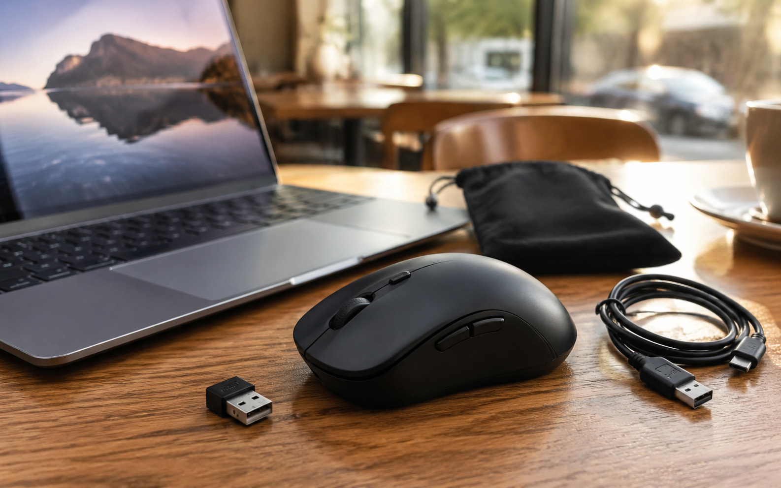Black ultra-light wireless mouse with laptop, receiver, cable and travel pouch