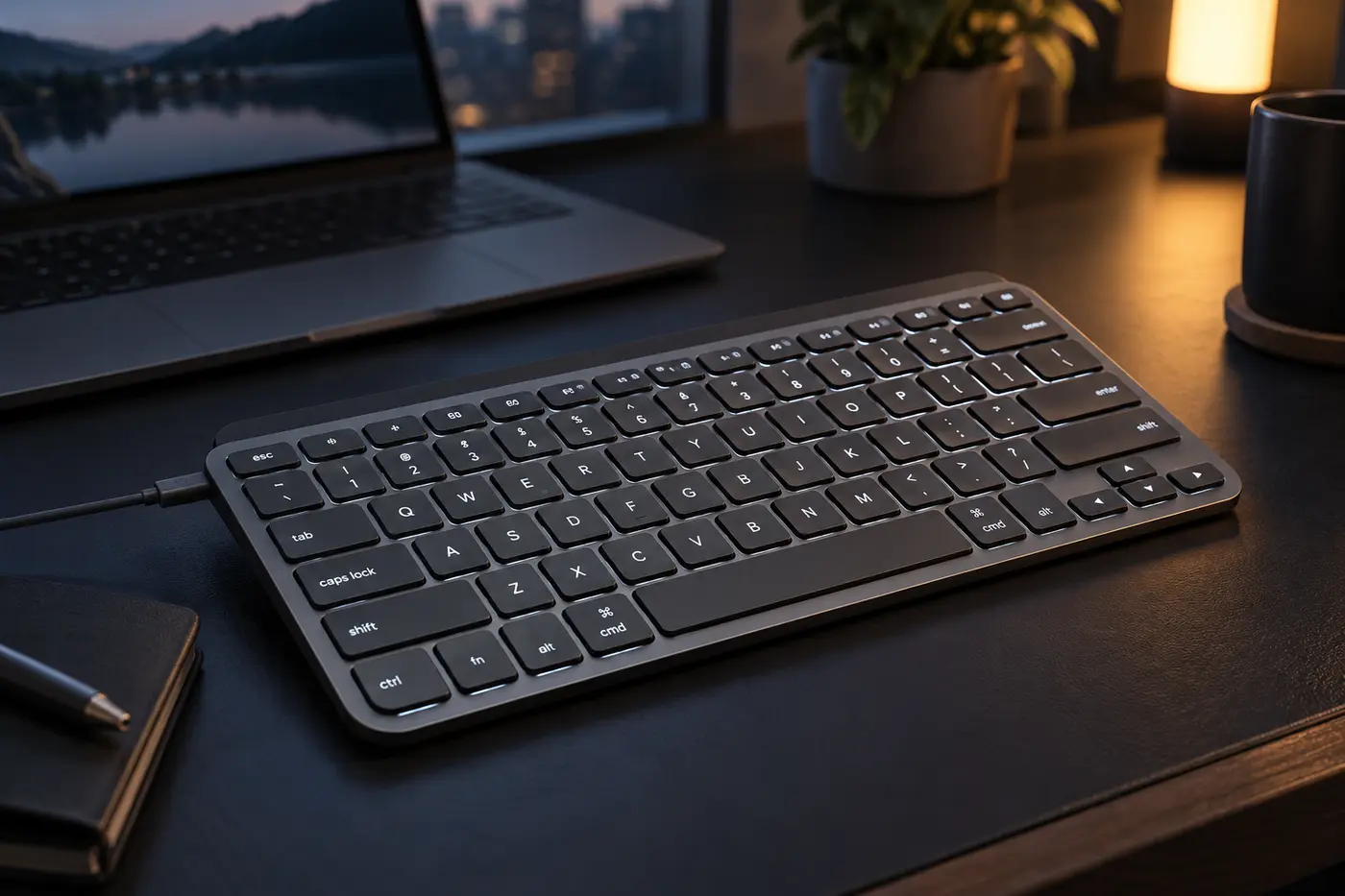 Compact graphite keyboard with illuminated keys and USB-C charging cable