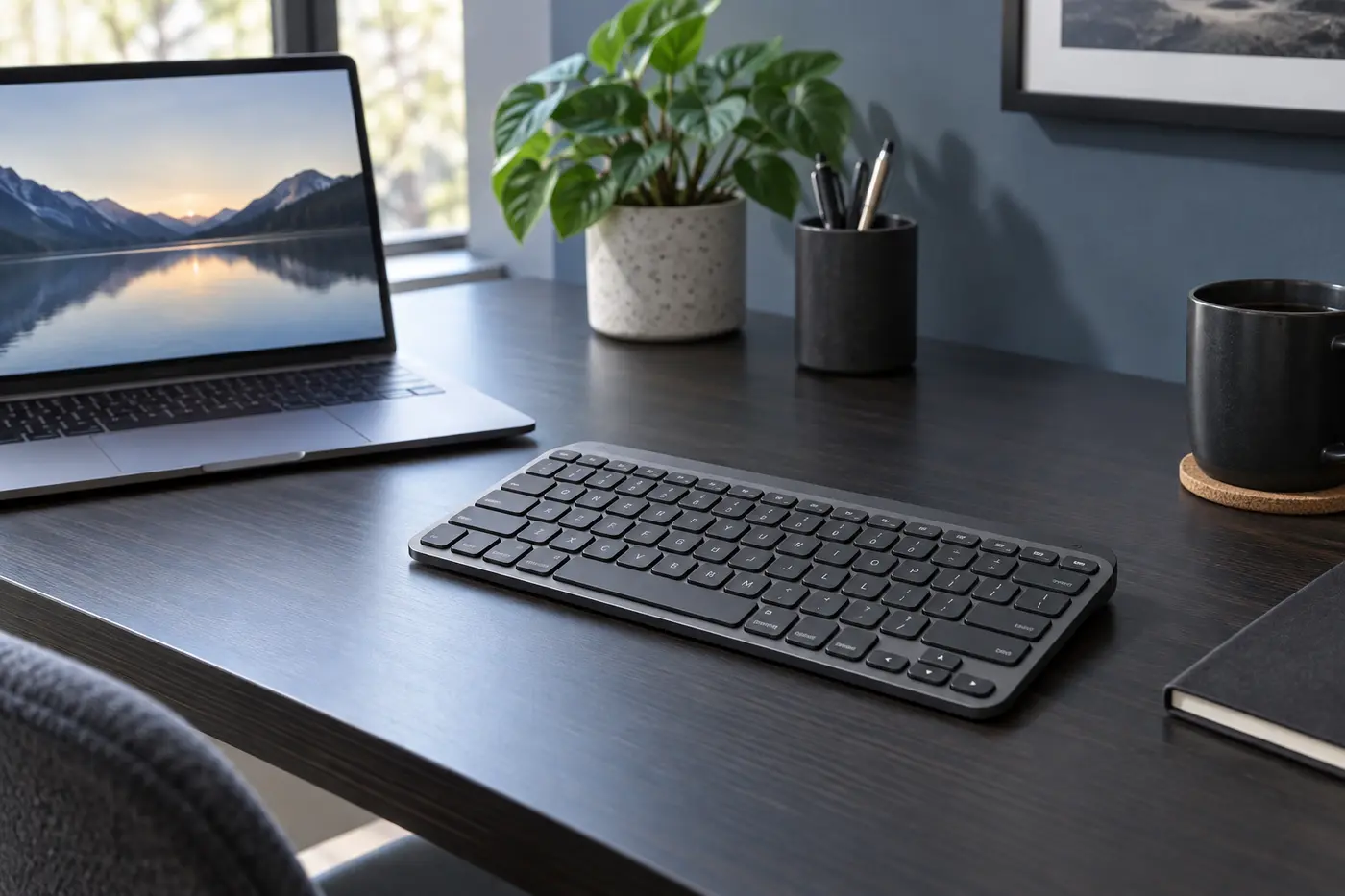 Compact graphite low-profile wireless keyboard on a premium modern desk
