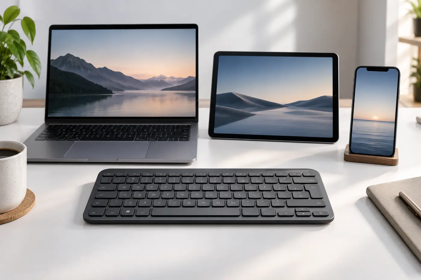 Compact wireless keyboard positioned with a laptop tablet and smartphone