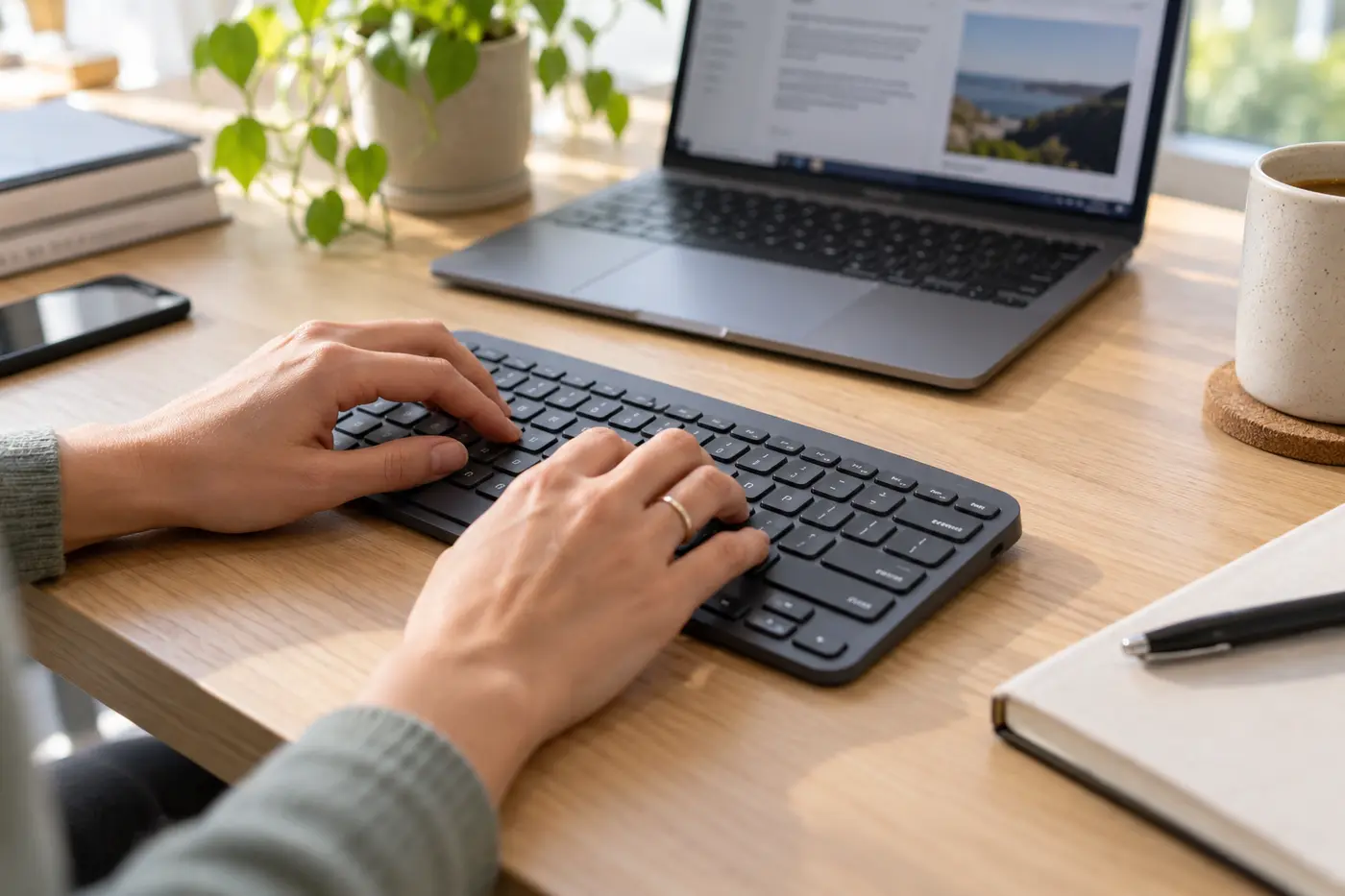 Hands typing on a compact graphite low-profile wireless keyboard beside a laptop