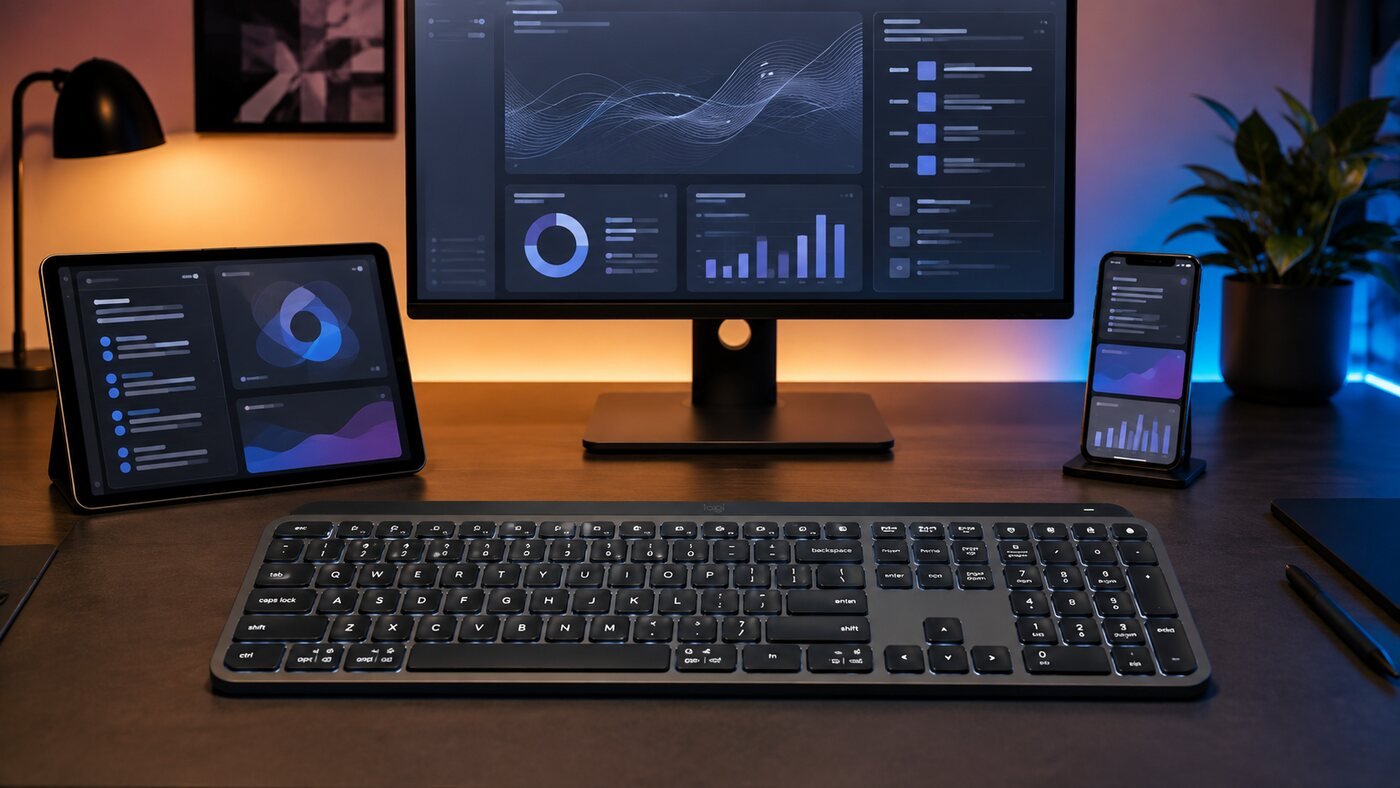 Logitech MX Keys S style keyboard paired with desktop monitor tablet and smartphone