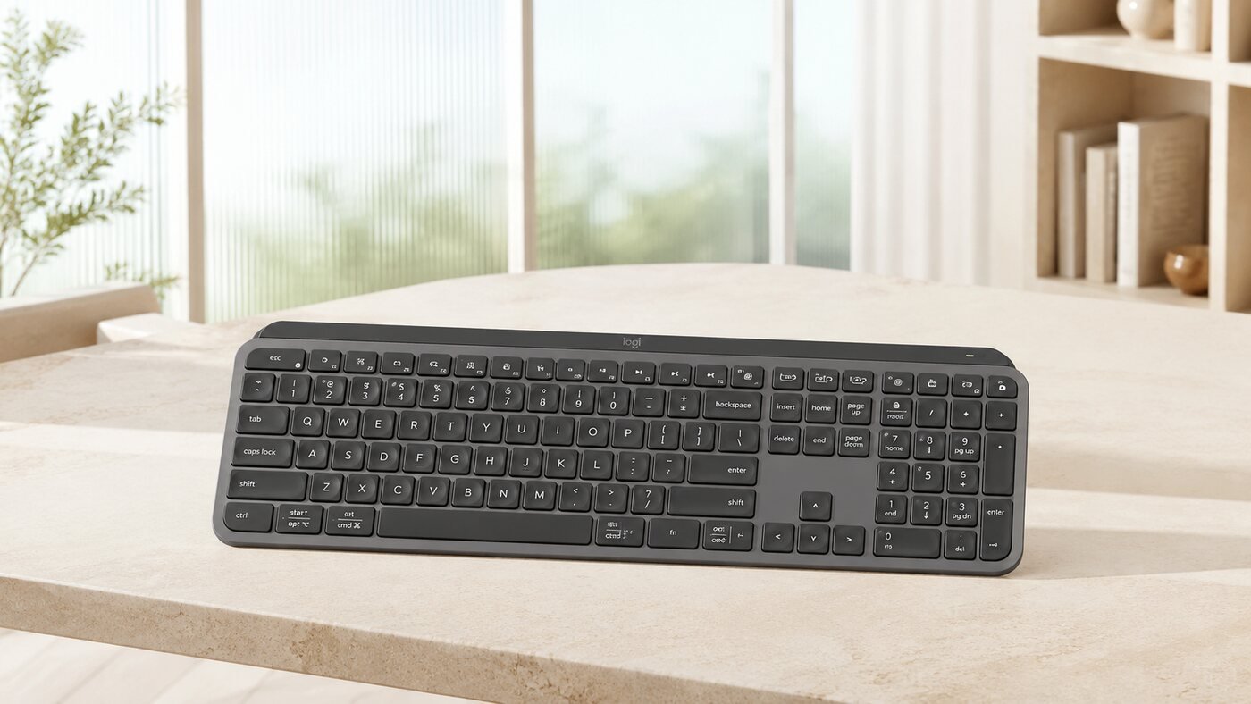 Logitech MX Keys S style full-size keyboard in a bright architectural studio