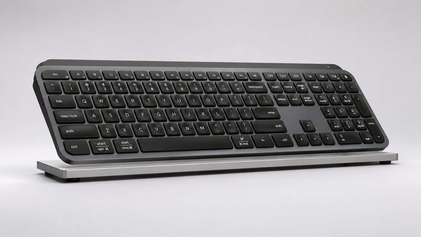 Low side profile of a Logitech MX Keys S style keyboard on a clean studio surface