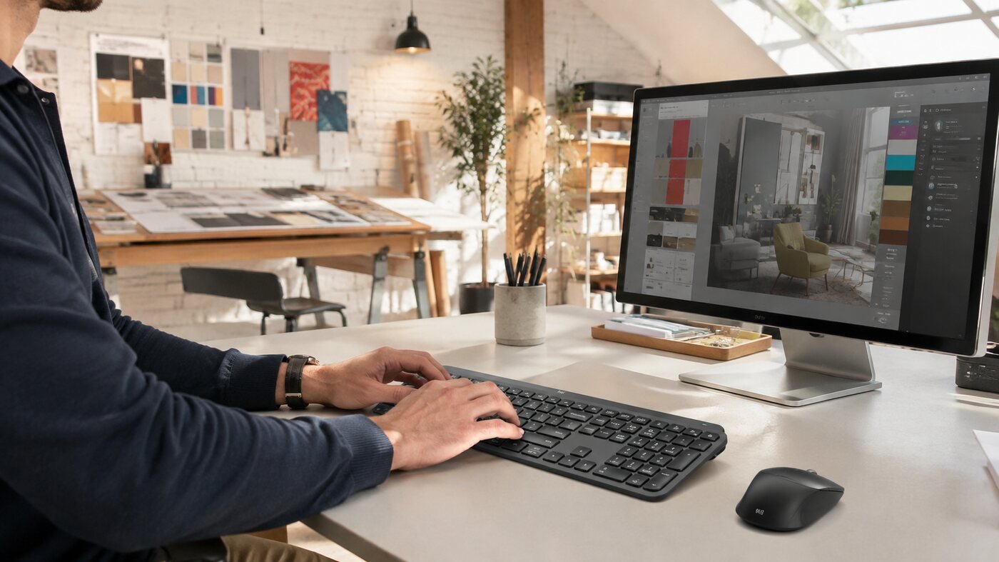 Professional using a Logitech MX Keys S style keyboard in a bright creative studio