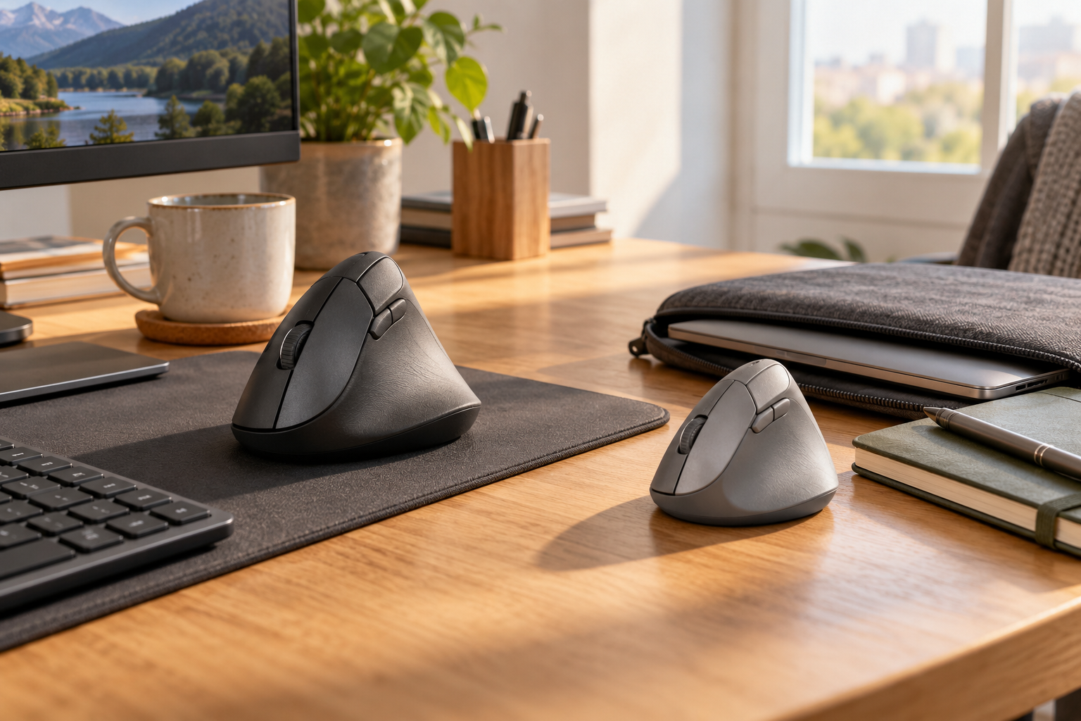 Large vertical mouse at desktop workstation and compact vertical mouse beside travel notebook and laptop sleeve