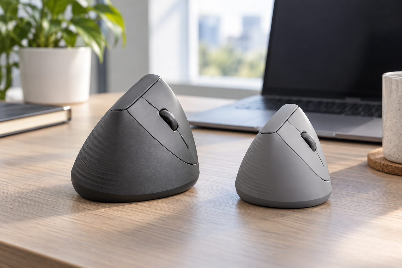 Large dark graphite and compact light graphite vertical ergonomic mice compared side by side